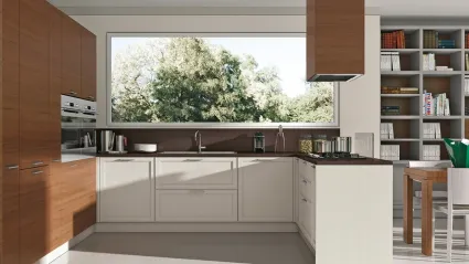 Cucina Moderna con penisola bicolore in laccato bianco opaco e legno naturale Melograno composizione 5 di Le Fablier