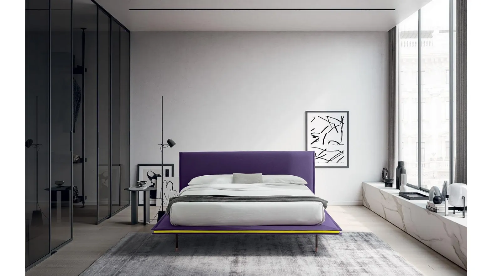 Letto dalla struttura minimal e sottile con testiera Elle di Felis