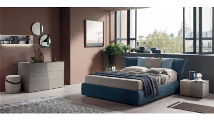Letto con box contenitore e testiera formata da cuscini in tessuto imbottito Ninfea di Maronese Acf
