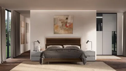 Letto matrimoniale con testiera in nobilitato Eucalipto con inserto dotato di illuminazione integrata Soave di Febal Casa