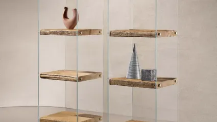 Libreria Frost con struttura in vetro trasparente e ripiani in legno Secolare naturale di Nature Design