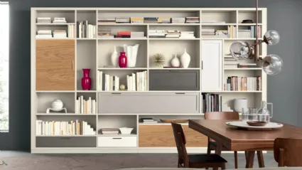 Libreria a muro in laccato opaco e legno Melograno composizione 89 di Le Fablier