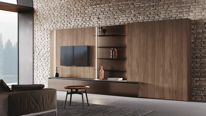 Parete Attrezzata Bluna Tech in finitura alluminio brunito e legno di Binova