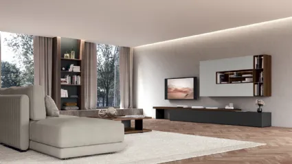 Parete Attrezzata con basi a terra in laccato opaco Grigio antracite e piano d’appoggio Linea in impiallacciato Eucalipto chiaro Quarantacinque 04 di Febal Casa