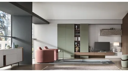 Parete Attrezzata Seta Unix SU2114 in melaminico Rovere Avena, Marmo Ash Stone e melaminico Verde Palude, Agata di Maronese Acf