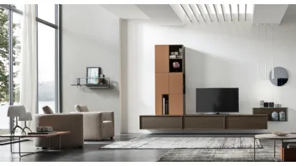 Parete Attrezzata sospesa Seta Unix SU2118 in Rovere Moka, laccato opaco Cotto e Vetro trasparente di Maronese Acf