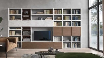 Parete Attrezzata Sistema Spalla Comp SA2222 in melaminico cemento Grigio e impiallacciato Nocciola di Maronese