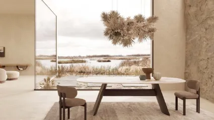 Tavolo Wave con top in ceramica Calacatta Gold, base in metallo e trave in legno di Nature Design