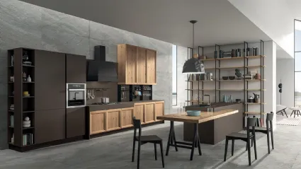 Cucina Design con penisola Atelier 01 in legno di Rovere nodato e laccato opaco Cacao di Astra