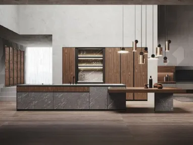 Cucina Design in Noce Canaletto con isola in hpl finitura pietra Alicante Avola di Binova