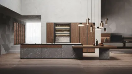 Cucina Design in Noce Canaletto con isola in hpl finitura pietra Alicante Avola di Binova