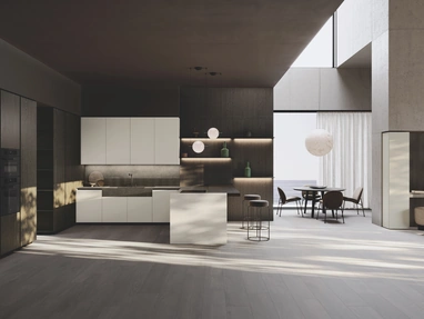Cucina Design con penisola Balance Superlac in laccato e bilaminato rovere di Binova