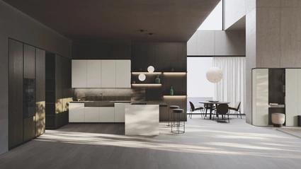 Cucina Design con penisola Balance Superlac in laccato e bilaminato rovere di Binova