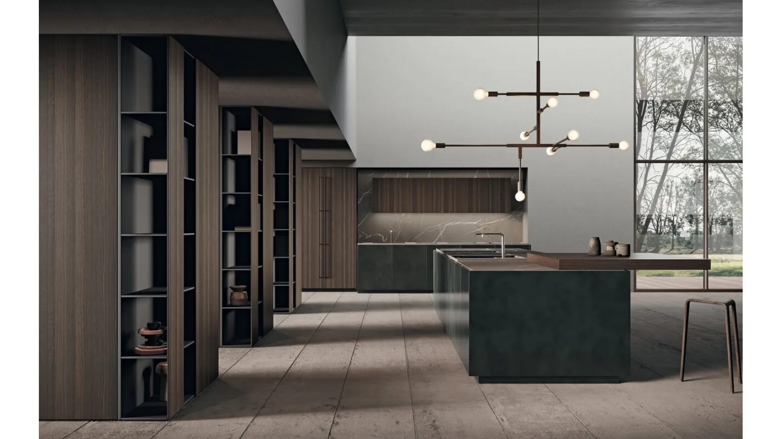 Cucina Design con isola in laccato effetto metallico e bilaminato effetto legno con top in gres Scava di Binova