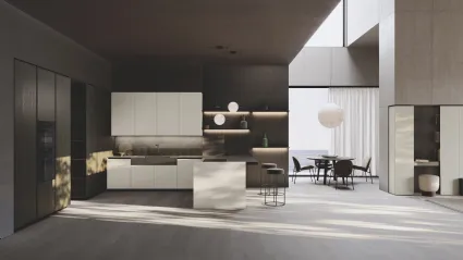 Cucina Design con penisola Bluna Tech Opaco in laccato e bilaminato legno Rovere di Binova