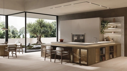 Cucina Design con penisola Bluna + Zen in alluminio e noce di Binova