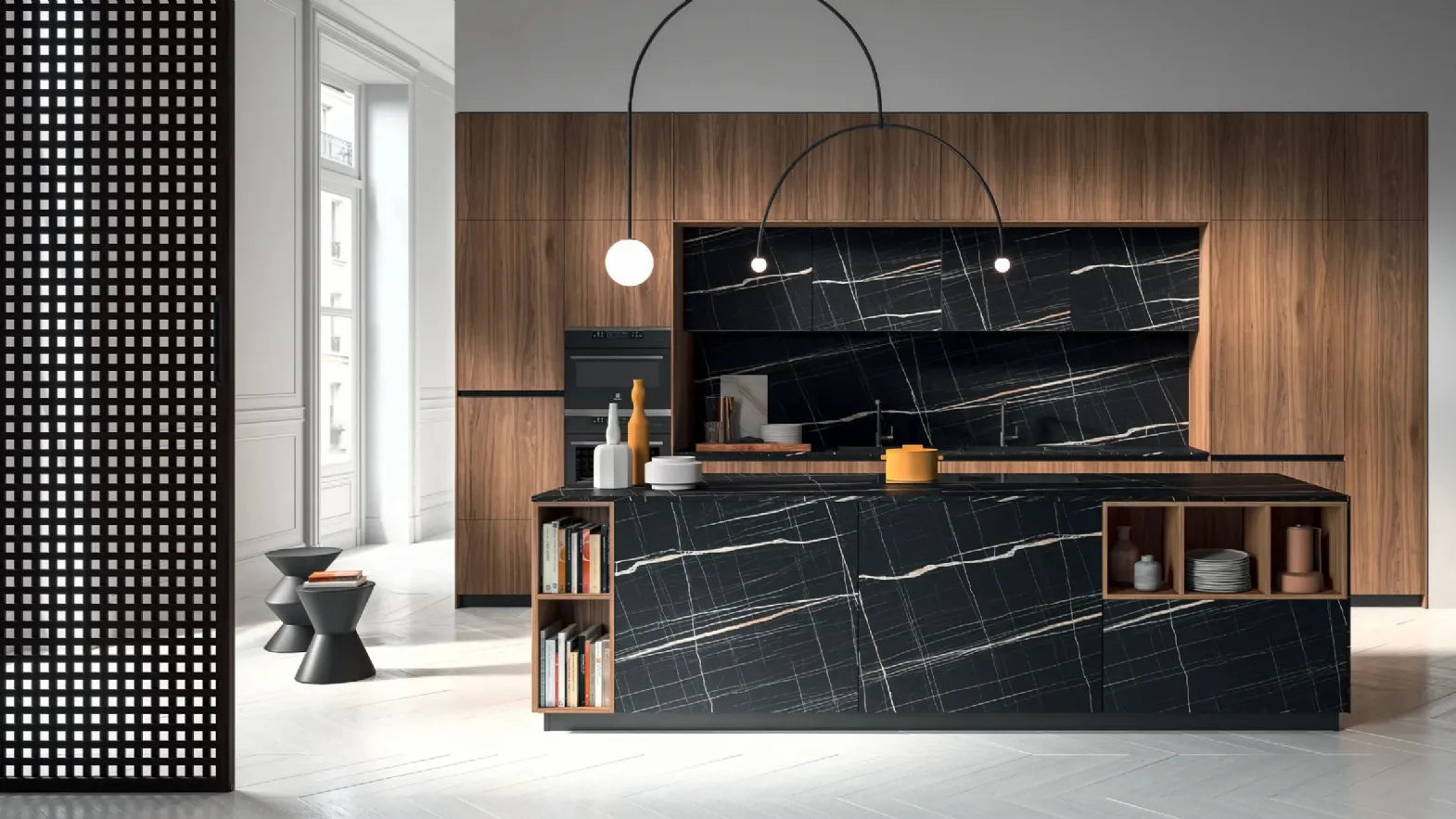 Cucina Design con isola HC-08 High Design 07 in noce e HPL di Astra