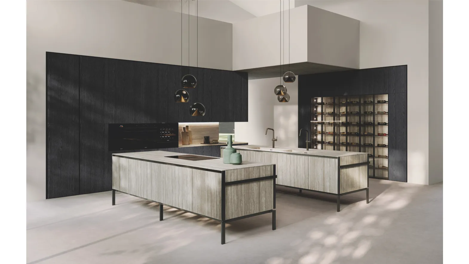 Cucina Design in bilaminato Rovere Black con doppia isola Lab Grès di Binova