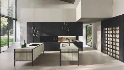 Cucina Design in bilaminato Rovere Black con doppia isola Lab Gres di Binova