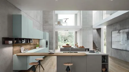 Cucina Design con isola e penisola XXL 03 Vitrum in laccato opaco Londra e vetro di Astra