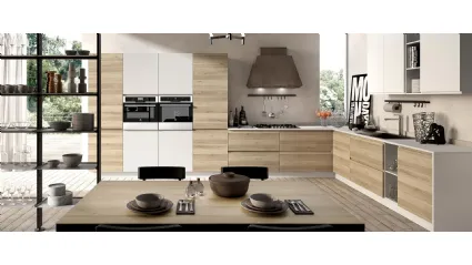 Cucina Moderna angolare Aria Rovere Sabbia e laccato Latte opaco di Evo Cucine