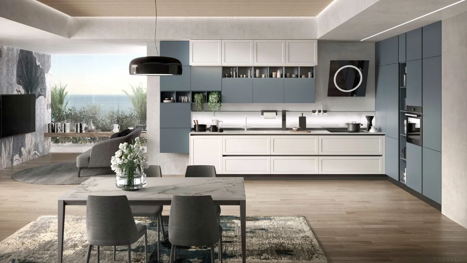 Cucina Moderna angolare Bali in laccato Bianco e Blu di Evo Cucine