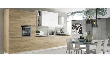 Cucina Moderna lineare Carima Rovere tavolato e Bianco lucido di Evo Cucine