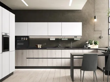 Cucina Moderna con penisola Diva in laminato Rovere Grigio e Pet Bianco opaco di Evo Cucine