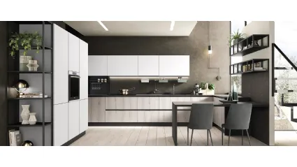Cucina Moderna con penisola Diva in laminato Rovere Grigio e Pet Bianco opaco di Evo Cucine