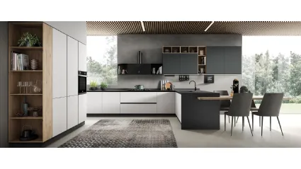 Cucina Moderna con penisola Diva in laminato Rovere Polare e Pet finitura Antracite opaco di Evo Cucine