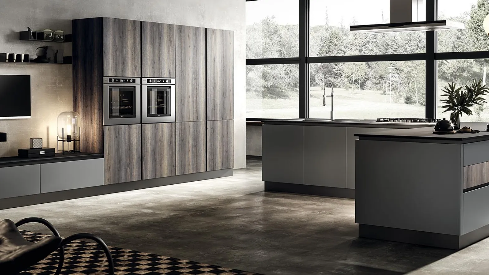 Cucina Moderna con isola Eos in HPL Alevè Artico e Glass Piombo opaco di Evo Cucine