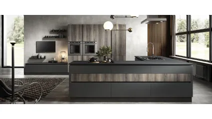 Cucina Moderna con isola Eos in HPL Alevè Artico e Glass Piombo opaco di Evo Cucine