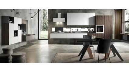 Cucina Moderna lineare Eos in Glass Bianco opaco e HPL Alevè Noce di Evo Cucine