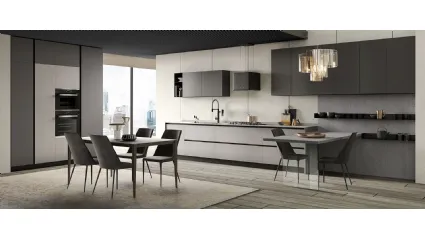 Cucina Moderna con penisola Eos Gres Light Grey e Glass Piombo opaco di Evo Cucine