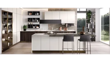 Cucina Moderna con isola Futura in melaminico finitura Rovere scuro e Seta Bianco opaco di Evo Cucine
