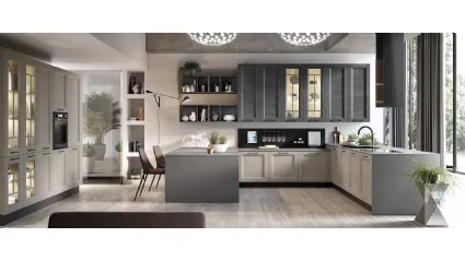Cucina Moderna con penisola Gea in Frassino finitura Canapa e Ardesia di Evo Cucine