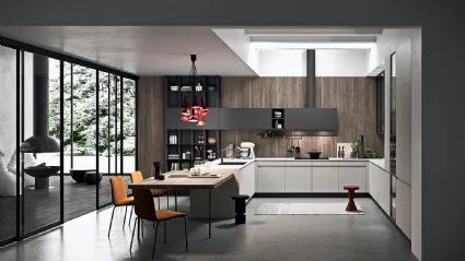 Cucina Moderna angolare con penisola Line 03 in laccato opaco Efeso e Metal Grey di Astra