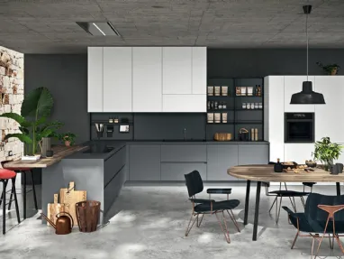 Cucina Moderna angolare con penisola Line 04 in laccato opaco Bianco e Bromo di Astra