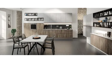 Cucina Moderna lineare Maia in melaminico finitura Cemento Grigio e Legno naturale di Evo Cucine