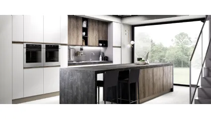 Cucina Moderna con isola Maia in melaminico finitura Legno naturale e Bianco opaco di Evo Cucine