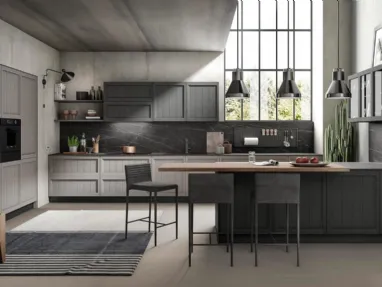 Cucina Moderna con penisola Saona in frassino finitura Grigio e Ardesia di Evo Cucine