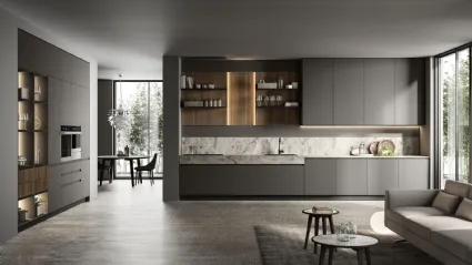 Cucina Moderna ad angolo in laccato opaco con top effetto marmo Traccia 02 di Febal Casa