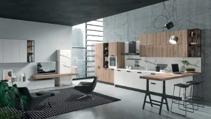 Cucina Moderna con penisola Zen 02 in laminato finitura Bianco assoluto e Rovere chiaro di Astra
