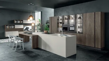 Cucina Moderna con isola Zen 05 in laccato opaco Efeso e laminato Rovere Scuro di Astra