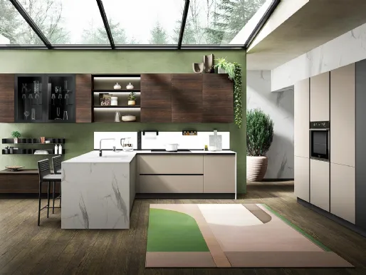 Cucina Moderna ad angolo Gea in Frassino finitura Rovere naturale e Grigio Fumo di Evo Cucine