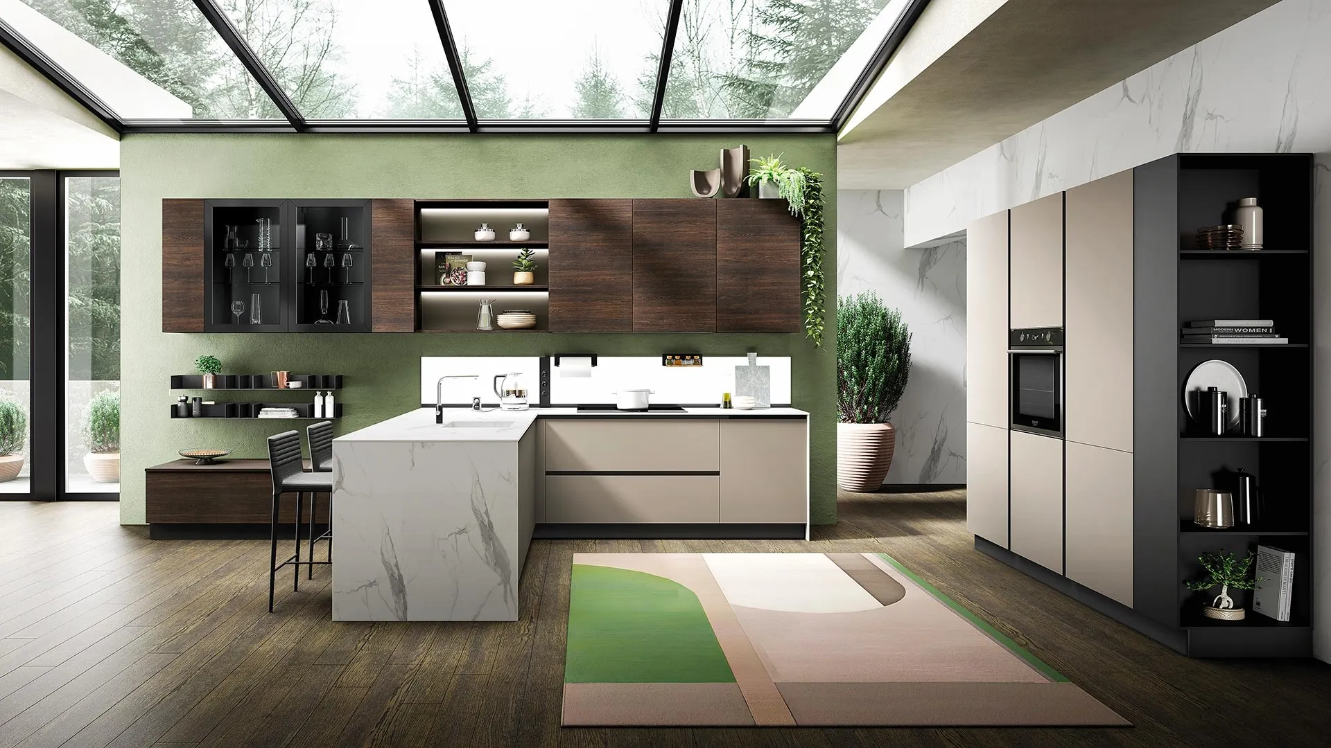 Cucina Moderna ad angolo Gea in Frassino finitura Rovere naturale e Grigio Fumo di Evo Cucine