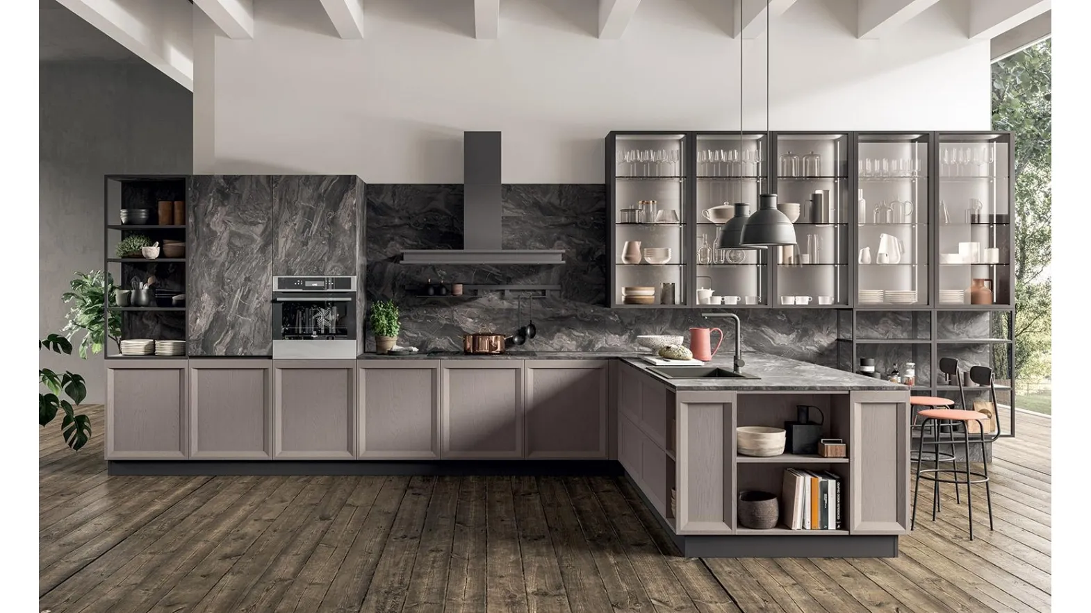 Cucina su misura Atelier 02 in Frassino laccato e laminato Terranova di Astra