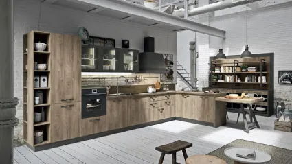 Cucina su misura con penisola Industrial Kitchen 01 in laminato finitura effetto legno Wild Dakota di Astra