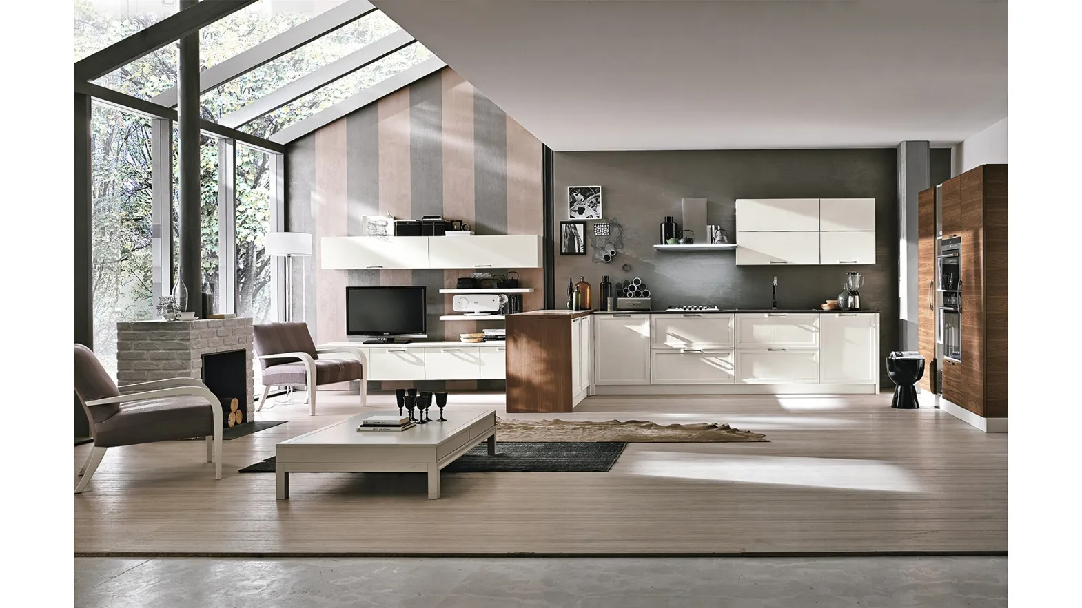 Cucina su misura con penisola in legno laccato Melograno composizione 02 di Le Fablier