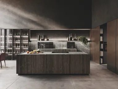 Cucina Design con isola in legno di Abete Nero e gres finitura marble grey e colonne in laccato metal Bluna Metal 4|0 di Binova